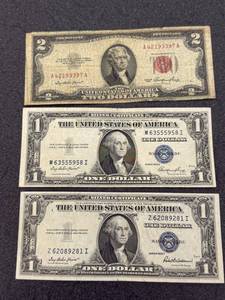lot 66 image: 2 $1.00 & 1 $2.00 Silver Certificates