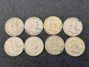 lot 100 image: 8 Franklin Half Dollars Mixed Years
