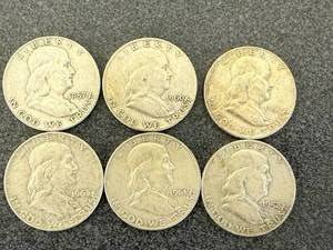 lot 102 image: 6 Franklin Half Dollars Mixed Years