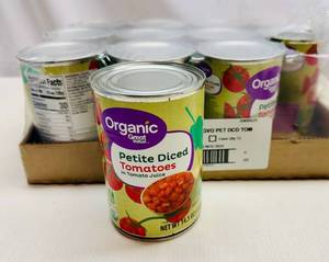 lot 98 image: MM. 12x 14.5oz Organic Petite Diced Tomatoes