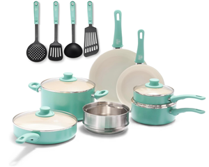 lot 106 image: 15PCS GreenLife Soft Grip Healthy Ceramic Nonstick, Cookware Pots and Pans Set