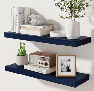 lot 124 image: 2PCS Fuqing Dark Blue Floating Shelves, Solid Wooden Wall Shelves