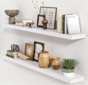 lot 126 image: 2PCS White Floating Shelves, Solid Wood Wall Mounted Shelves