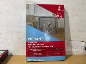 lot 225 image: Vibrant Life 4-Panel Pet Playpen, 24H Dog Fence with Door for Indoor and Outdoor Use