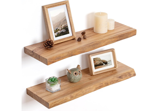 lot 372 image: Floating Shelves for Wall Decor, Rustic Solid Elm Wood Wall Mounted,  24 Inch Set of 2, Natural
