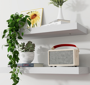 lot 373 image: Axeman Floating Shelves, 2 Pack 8 Inch Deep Rustic Solid Wood Wall Shelves for Storage, 24 W x 8 D x 1.6 H, Distressed White