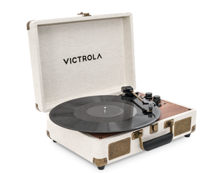 lot 634 image: Victrola Venture Bluetooth Portable Mid-Century Modern Suitcase Record Player with 3-Speed Turntable & Built-in Speakers  Oak