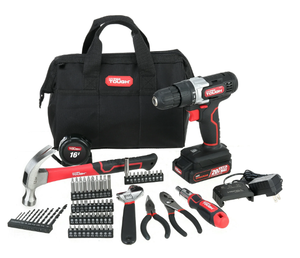 lot 637 image: Hyper Tough 20V Max Lithium-Ion 38 inch Cordless Drill, 70-Piece Home Tool Set, 1.5Ah Lithium-Ion Battery & Charger, Bit Holder, & Storage Bag