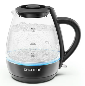 lot 275 image: LOT OF 2 Chefman 1L Electric Glass Kettle w LED Indicator Light, Automatic Shutoff