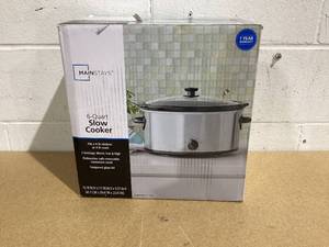 lot 503 image: Mainstays 6 Quart Oval Slow Cooker, Stainless Steel Finish, Glass Lid, Model # MS54100112168S