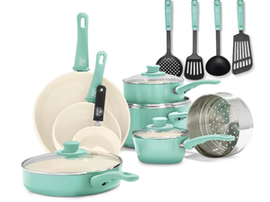 lot 515 image: GreenLife Soft Grip 16 Piece Cookware Set, Non-Toxic PFAS-Free Ceramic Nonstick, Pots, Frying, Sauce, Saute, Glass Lids, Stay-Cool Handles, Wobble Free Bases, Dishwasher & Oven Safe, Turquoise