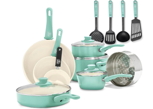 lot 516 image: GreenLife Soft Grip 16 Piece Cookware Set, Non-Toxic PFAS-Free Ceramic Nonstick, Pots, Frying, Sauce, Saute, Glass Lids, Stay-Cool Handles, Wobble Free Bases, Dishwasher & Oven Safe, Turquoise