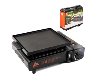 lot 703 image: Ozark Trail 2 in 1 Butane Griddle, Green Color, 7650 BTU, Piezo-Electric 2.2kw, Cast Aluminum Griddle, Compact