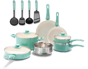 lot 732 image: 15PCS GreenLife Soft Grip Healthy Ceramic Nonstick, Cookware Pots and Pans Set