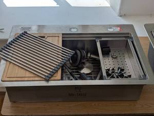 lot 73 image: 33 x 22 Stainless Steel Single Sink With Faucet, Board, Drain, Grate and More - Double Hole