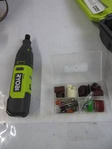 lot 9 image: RYOBI 12V Cordless Rotary Tool Kit INCUDES ATTACHMETS SHOWN, TESTED, WORKS, NO BOX, SLIGHTLY USED