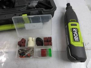 lot 10 image: RYOBI 12V Cordless Rotary Tool Kit INCUDES ATTACHMETS SHOWN(MISSING 2 BITS), SMALL BOX DOES NOT CLOSE ALL THE WAY, TESTED, WORKS, NO BOX, SLIGHTLY USED