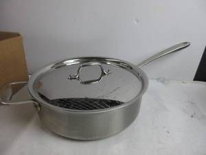 lot 27 image: All-Clad Pan with Lid 5 Quart For Restaurant or Home Kitchen, Pots & Pans, Cookware, Silver SCRATCHES, USED