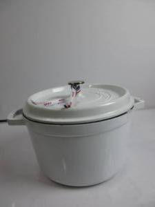 lot 71 image: Staub Cast Iron Dutch Oven 5-qt Tall Cocotte, Made in France, Serves 5-6, White INSIDEBOTTOM IS DAMAGED, USED