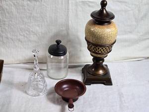 lot 245 image: Vintage Decorative Items with Lords Prayer Crystal Bell, Wooden Urn
