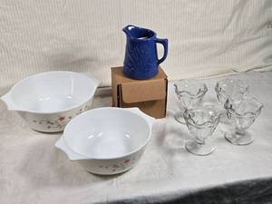 lot 254 image: Pyrex England Bowls, Glass Sundae Dishes, and Red Wing Pottery Pitcher