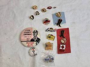 lot 285 image: Vintage Lapel Pins and Buttons including various Red Cross pins, and themed pins such as I Gave, I Cared and Brother of the Brush.