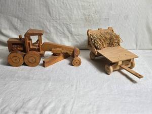 lot 16 image: Wooden Toy Grader and Wagon with Hay Bale