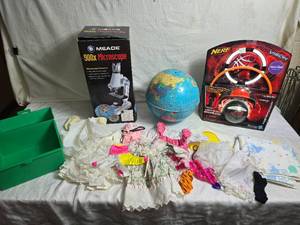 lot 49 image: Mixed Lot Meade 900x Microscope, Nerf Vision Toy, Globe, Doll Clothes & More