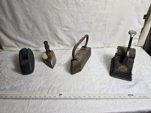 lot 139 image: Sad Irons and Scotch Tape Dispenser and Vintage Check Printer ()
