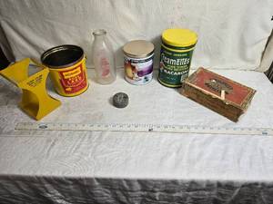 lot 153 image: Assorted Cans, Jar, and Yellow Handle Holder - Including Hormel Pure Lard