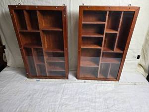 lot 186 image: Wooden Wall-Mounted Display Cabinets with Multiple Compartments