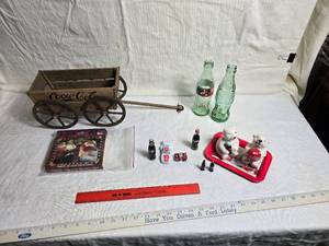 lot 208 image: Coca-Cola Collectors Lot with Wagon, Bottles, Miniatures, and Playing Cards