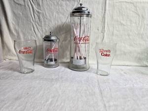 lot 209 image: Coca-Cola Vintage Drinking Glasses and Straw Dispenser