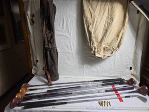 lot 233 image: Vintage Golf Club Set with Leather and Canvas Bag and Brass Golf Tee Figurines