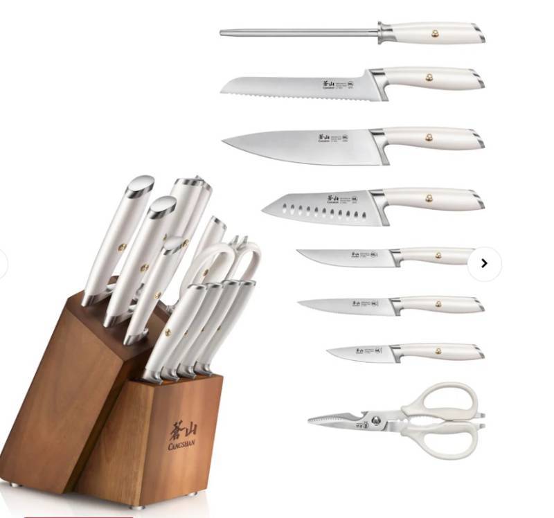lot 329 image: Cangshan L1 Series 12-Piece Knife Block Set with 4 Steak Knives, Forged German Steel - WHITE - Cracked Handles