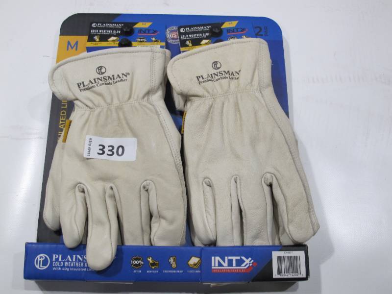 lot 400 image: NEW Plainsman Premium Cowhide 100% Leather Gloves Fleece Lined Insulated M, 2 Pack