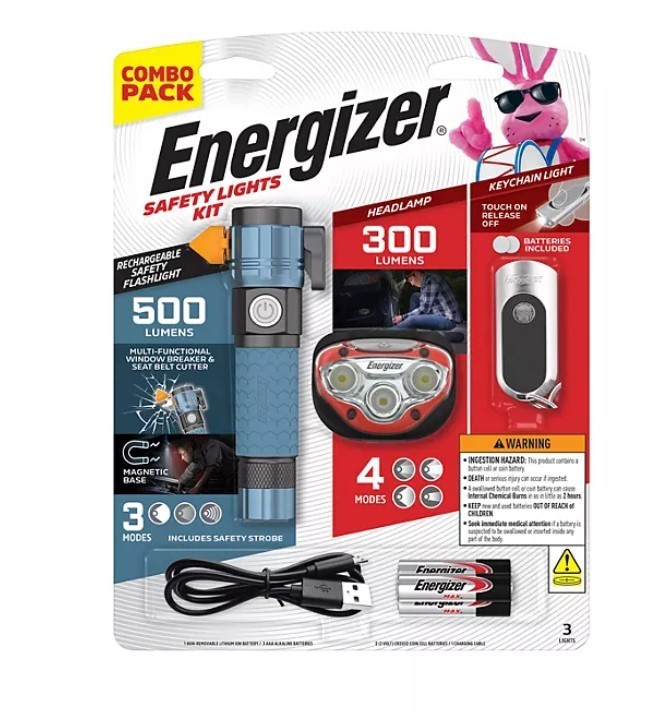 lot 296 image: NEW Energizer 3-Piece Safety Light - Flashlight, Headlamp, and Keychain Light