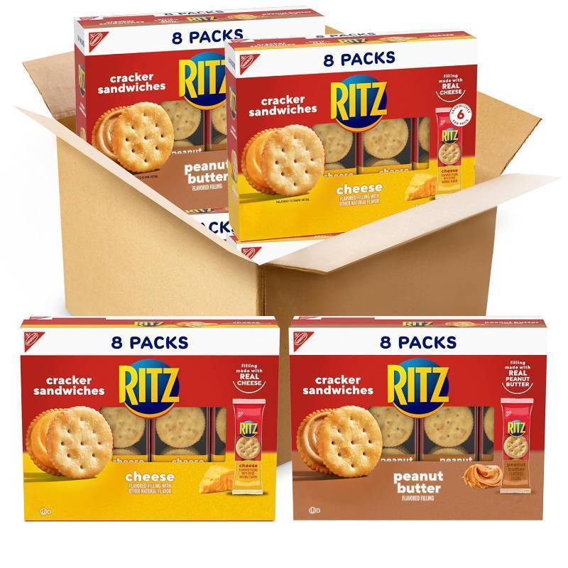 lot 305 image: NEW Ritz Sandwich Crackers (8 Packs of 6 Sandwiches per Box) - 2 Boxes of Cheese and 2 Boxes of Peanut Butter
