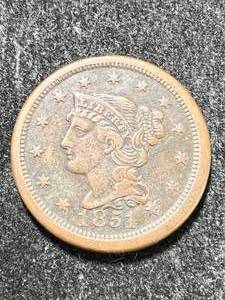 lot 10 image: 1851 US BRAIDED HAIR LARGE CENT