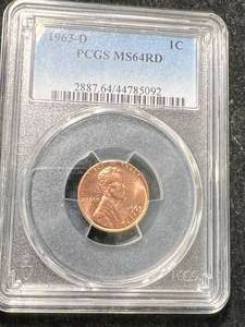 lot 33 image: 1963-D US LINCOLN CENT PCGS MS64RD