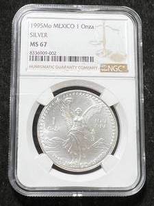 lot 38 image: 1995 MEXICO 1 ONZA PLATA PURA NGC MS67