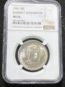 lot 77 image: 1946 US BOOKER T. WASHINGTON HALF DOLLAR NGC MS64