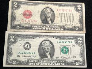 lot 93 image: 1928G US RED SEAL $2 BILL WITH 1976 GREEN SEAL