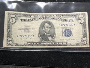 lot 94 image: 1953B US BLUE SEAL $5 SILVER CERTIFICATE