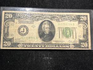 lot 95 image: 1928B US GREEN SEAL $20 REDEEMABLE IN GOLD NOTE
