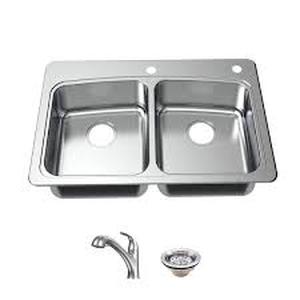lot 2 image: Glacier Bay 33 in. Drop-In 5050 Double Bowl 20 Gauge Stainless Steel Kitchen Sink with Pull-Out Faucet Customer Returns See Pictures
