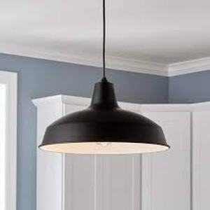 lot 8 image: Hampton Bay 1-Light Black Warehouse Pendant Hanging Light with Metal Shade  Customer Returns See Pictures