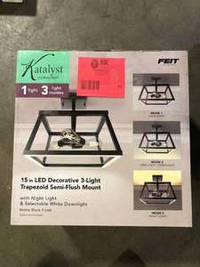 lot 11 image: Feit Electric Katalyst 15 in. 3-Light Trapez Matte Black Color Choice Selectable CCT LED wNight Light Semi-Flush Mount Ceiling Light   Customer Returns See Pictures