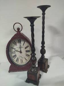 lot 140 image: Vintage Looking Clock & Tall Candle Holders