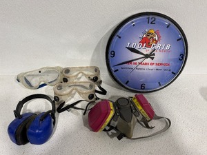 lot 54 image: 3M Respirator, Protective Earmuffs, Safety Goggles and Wall clock